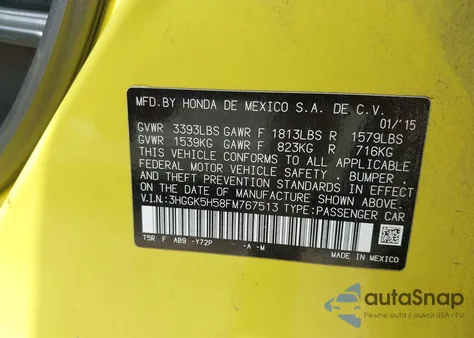 2015 Honda Fit Lx из США, поврежденный, VIN 3HGGK5H58FM767513